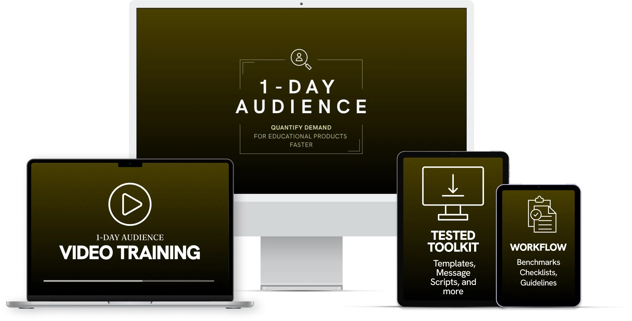 1-Day Audience product shot showing different devices with icons related to the product inclusions